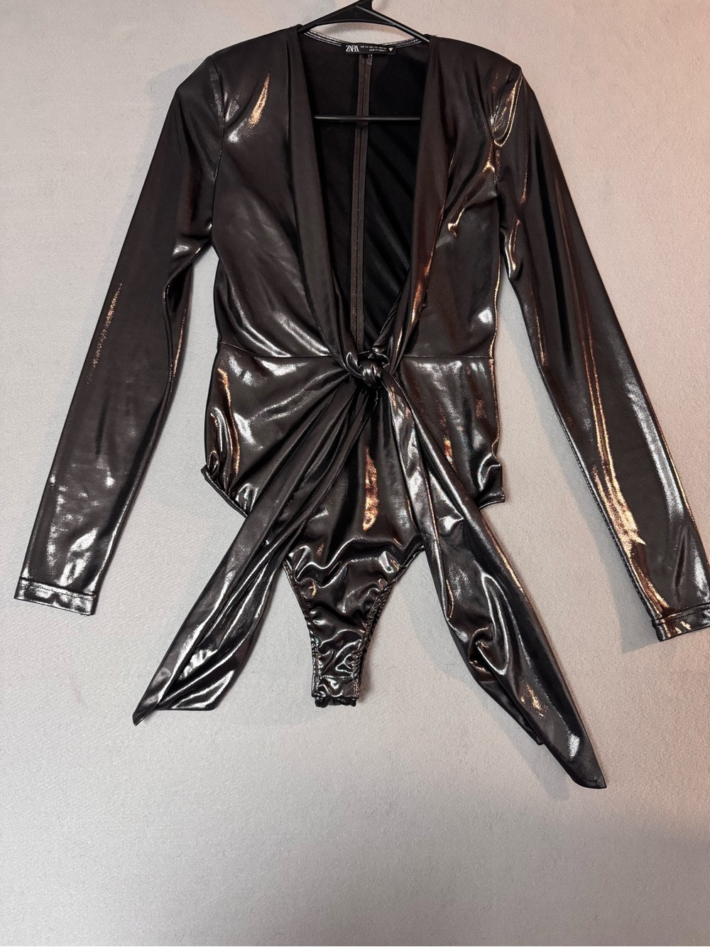Chrome Zara Black Tie-Front Long Sleeve Bodysuit Womens XS